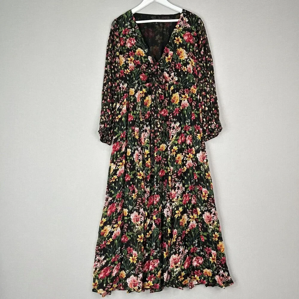J.Crew Tie Front Floral Maxi Dress Womens Dress XL Black Cottage Prairie Boho